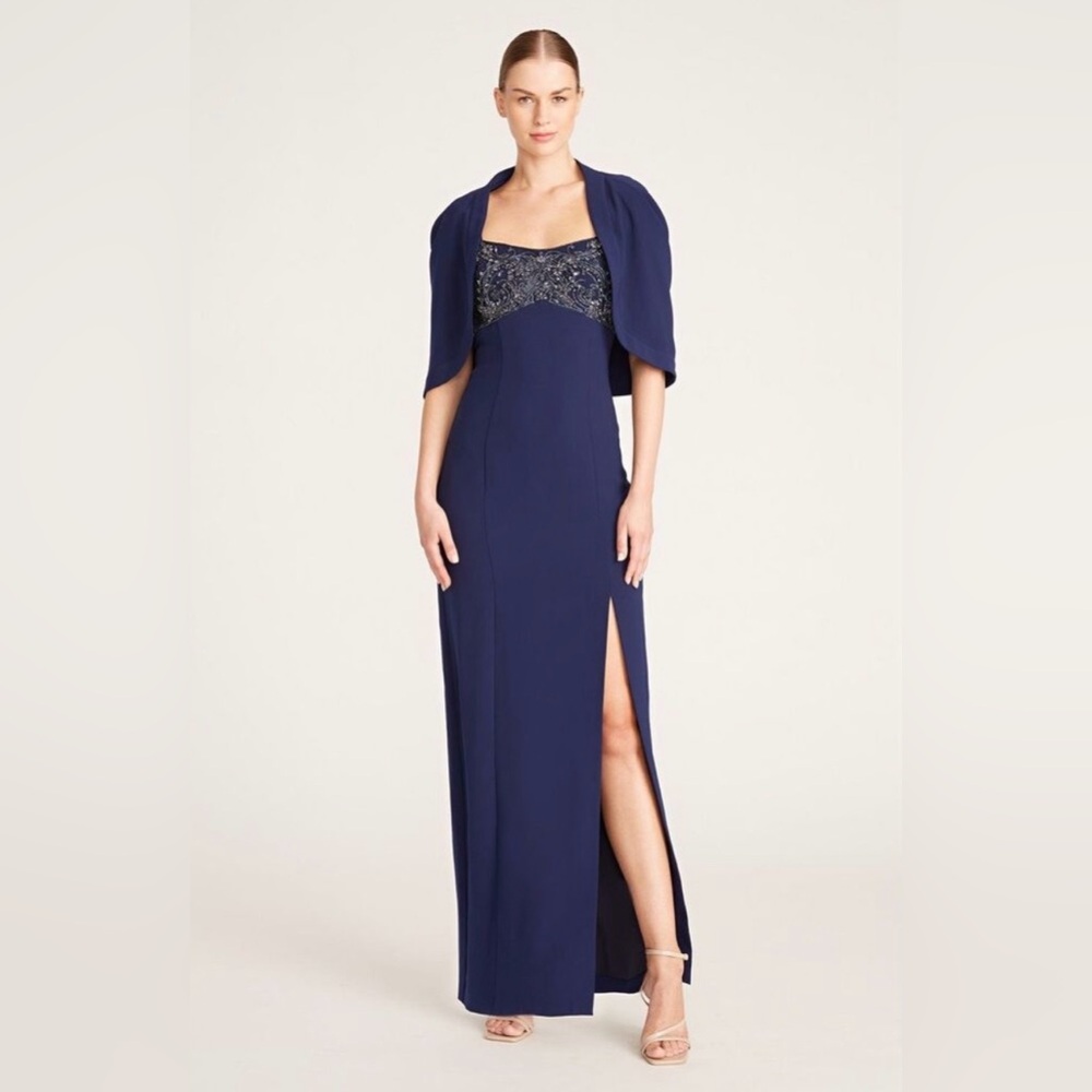 Theia Navy Beaded Formal Dress with Caped Sleeves Size 4